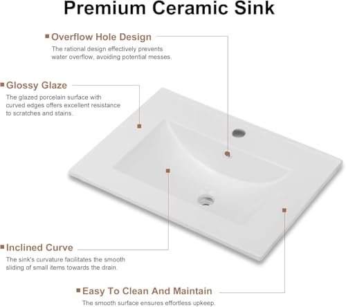 OLD CAPTAIN Bathroom Vanity with Ceramic Sink, Wooden Double Door Bathroom Storage Vanity with 24 Inch, Small Quick Assembly Bathroom Cabinet, White & Grey
