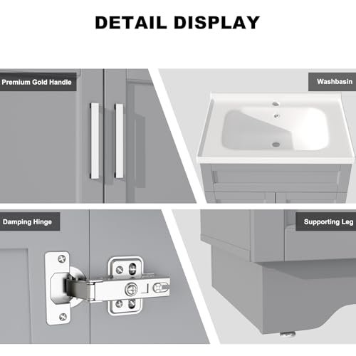 OLD CAPTAIN Bathroom Vanity with Ceramic Sink, Wooden Double Door Bathroom Storage Vanity with 24 Inch, Small Quick Assembly Bathroom Cabinet, White & Grey