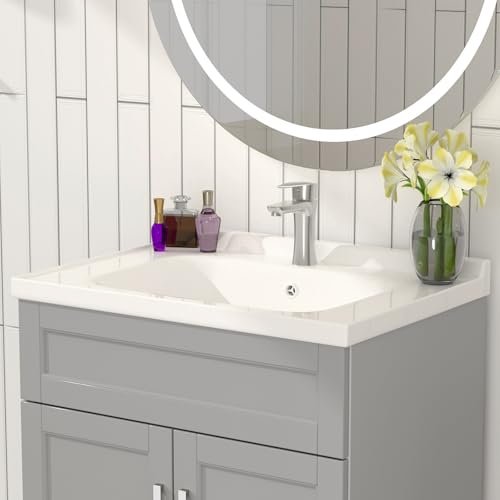 OLD CAPTAIN Bathroom Vanity with Ceramic Sink, Wooden Double Door Bathroom Storage Vanity with 24 Inch, Small Quick Assembly Bathroom Cabinet, White & Grey