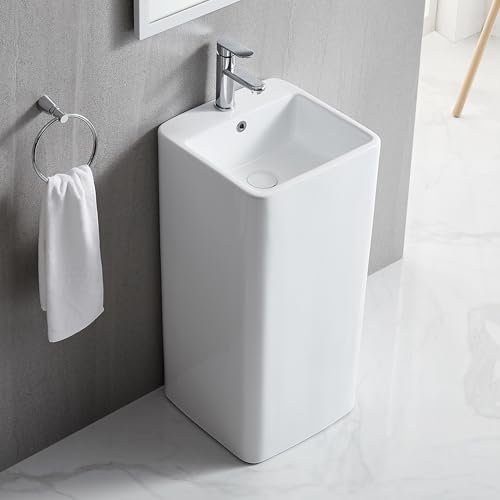 One Piece Sink Pedestal for Bathroom, Eridanus Ceramic Freestanding Sinks 16" L x 16" W x 33" H, Square Pedestal Sink Bowl with Overflow, Modern Vitreous Porcelain Basin in Glossy White