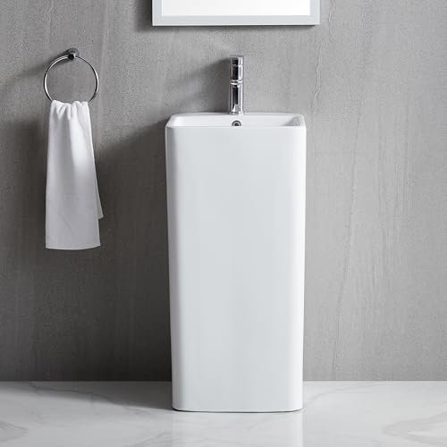 One Piece Sink Pedestal for Bathroom, Eridanus Ceramic Freestanding Sinks 16" L x 16" W x 33" H, Square Pedestal Sink Bowl with Overflow, Modern Vitreous Porcelain Basin in Glossy White