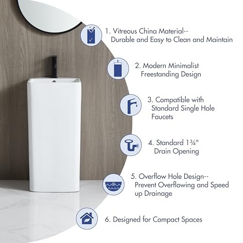 One Piece Sink Pedestal for Bathroom, Eridanus Ceramic Freestanding Sinks 16" L x 16" W x 33" H, Square Pedestal Sink Bowl with Overflow, Modern Vitreous Porcelain Basin in Glossy White