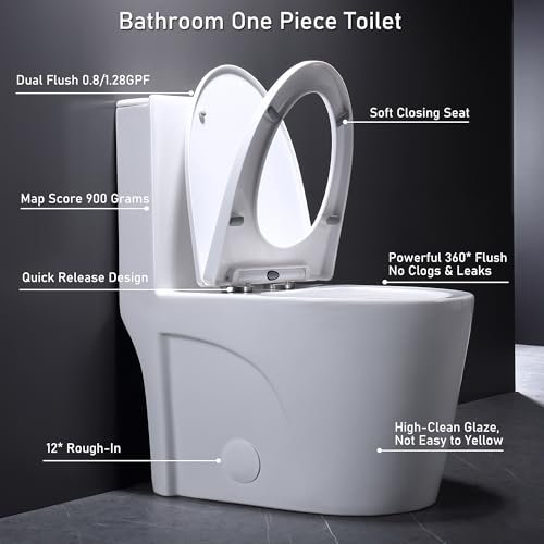 One Piece Toilet, Elongated One-Piece Toilet for Bathrooms, Dual Power Flush Toilet 1.1/1.6 GPF and MAP 900g, Soft Close, Durable Ceramic, Easy-to-Clean Surface (White)