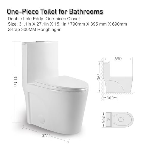 One Piece Toilet, Elongated One-Piece Toilet for Bathrooms, Dual Power Flush Toilet 1.1/1.6 GPF and MAP 900g, Soft Close, Durable Ceramic, Easy-to-Clean Surface (White)