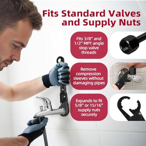 Oriflame Angle Stop Wrench Kit: Adjustable Plumbing Tool Set for 15/16″, 5/8″, 3/8″, and 1/2″ Compression Fittings, Ideal for Faucet, Sink, Toilet, Pipe, Shower Valve Installation and Removal (Black)
