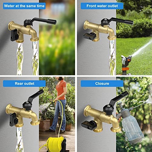 Outdoor Double Taps Water Faucet, Wall Mounted Garden Two 3/4 inch Brass Ball Valves Water Tap Splitter, Frost-Proof Outside Spigot Replacement with 2 Outlets for Home, Balcony, Hose Connector