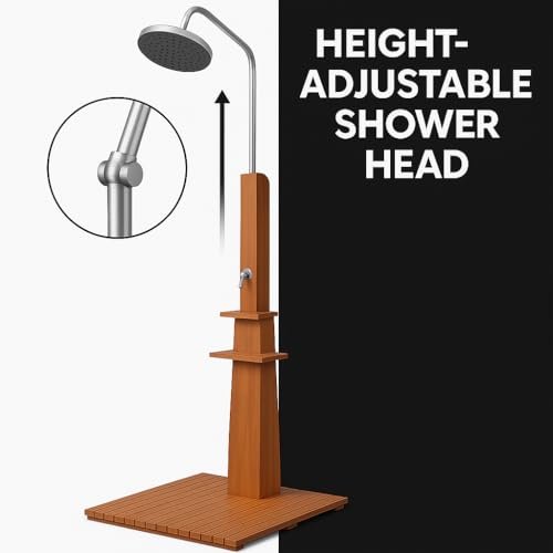 Outdoor Shower Eucalyptus Wood and Steel-Durable, Height-Adjustable, Free-Standing Garden and Pool Shower