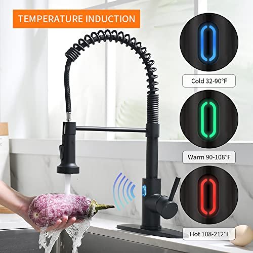 OWOFAN Touchless LED Light Kitchen Sink Faucet Pull Down Sprayer Smart Motion Sensor Activated Hands Free Single Handle Kitchen Faucet Black