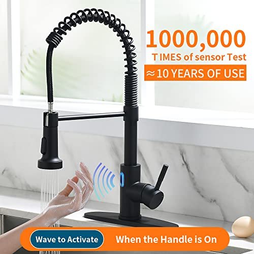 OWOFAN Touchless LED Light Kitchen Sink Faucet Pull Down Sprayer Smart Motion Sensor Activated Hands Free Single Handle Kitchen Faucet Black
