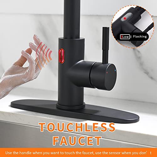 OWOFAN Touchless LED Light Kitchen Sink Faucet Pull Down Sprayer Smart Motion Sensor Activated Hands Free Single Handle Kitchen Faucet Black