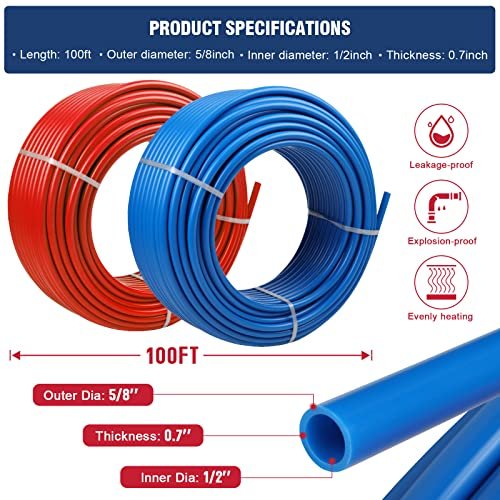 PEX Pipe 1/2 Inch 100ft 2 Rolls PEX Tubing EVOH Pex-B Pipe Non Oxygen Barrier Durable Leakage-Proof Flexible for Residential Water Lines in Homes pex Radiant Heat Tubing(Red+Blue)
