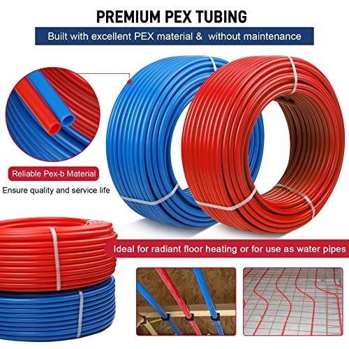 PEX Pipe 1/2 Inch 100ft 2 Rolls PEX Tubing EVOH Pex-B Pipe Non Oxygen Barrier Durable Leakage-Proof Flexible for Residential Water Lines in Homes pex Radiant Heat Tubing(Red+Blue)