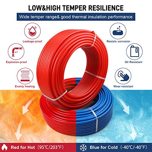 PEX Pipe 1/2 Inch 100ft 2 Rolls PEX Tubing EVOH Pex-B Pipe Non Oxygen Barrier Durable Leakage-Proof Flexible for Residential Water Lines in Homes pex Radiant Heat Tubing(Red+Blue)