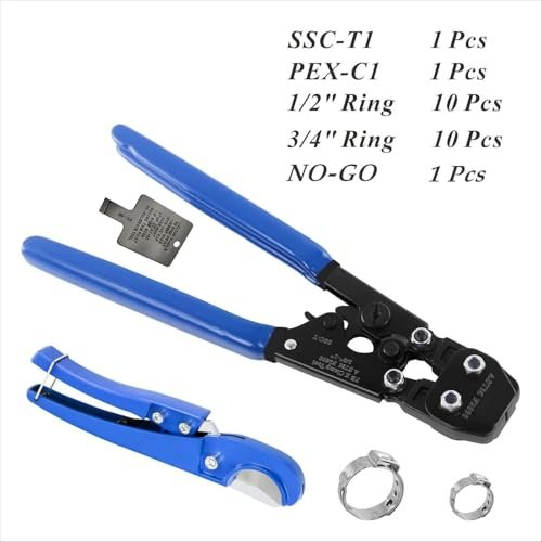 PEX Pipe Clamp Cinch Tool Crimping Tool Crimper for Stainless Steel Clamps from 3/8-inch to 1-inch with 1/2-inch 10PCS and 3/4-inch 10PCS SS PEX Clamps,with Pipe Cutter