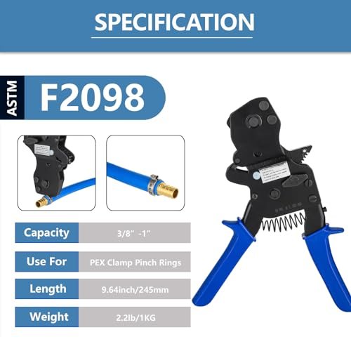 PEX Ratchet Cinch Clamp Tool for Stainless Steel Clamp Rings, One-Hand Ratchet Design Crimper Tool from 3/8", 1/2", 3/4", 5/8" and 1", ASTM2098