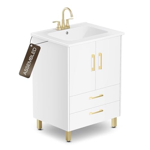 phiestina Fully Pre-Assembled 24 inch Single White Bathroom Vanity with Ceramic Sink Combo, 2 Soft Close Doors and 2 Drawer Bathroom Storage Cabinet Set, BV02-WHITE-JH
