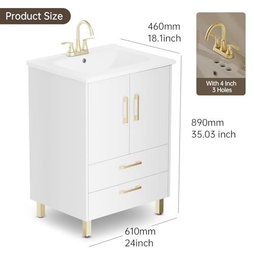 phiestina Fully Pre-Assembled 24 inch Single White Bathroom Vanity with Ceramic Sink Combo, 2 Soft Close Doors and 2 Drawer Bathroom Storage Cabinet Set, BV02-WHITE-JH