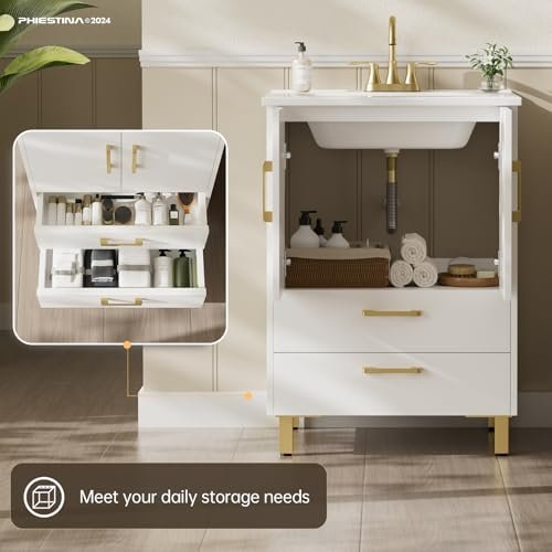 phiestina Fully Pre-Assembled 24 inch Single White Bathroom Vanity with Ceramic Sink Combo, 2 Soft Close Doors and 2 Drawer Bathroom Storage Cabinet Set, BV02-WHITE-JH