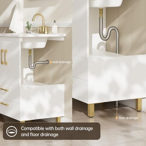 phiestina Fully Pre-Assembled 24 inch Single White Bathroom Vanity with Ceramic Sink Combo, 2 Soft Close Doors and 2 Drawer Bathroom Storage Cabinet Set, BV02-WHITE-JH