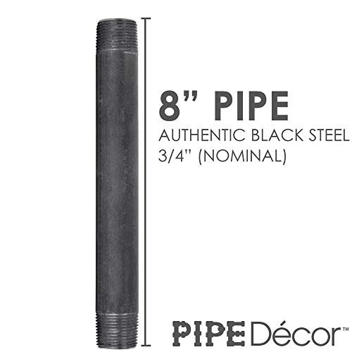 PIPE DECOR 3/4” x 8” Black Steel Plumbing Pipe, Pre Cut, Industrial Steel Grey Fits Standard 3/4 Inch Threaded Black Malleable Iron Fittings, Build Vintage DIY Furniture, 4 Pack