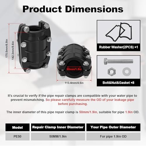 Pipe Repair Clamp 2 inch, Water Pipe Leak Repair Clamp, Pipe Repair Kit for Plastic and Metal Pipes, Leak Stopper with Anti-Impact, Suitable for Pipes 51MM OD