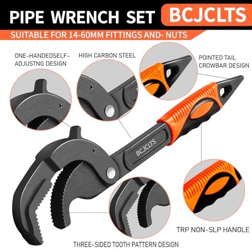 Pipe Wrench Set, 10” and 15” Self Adjusting Wrench 2-Piece Plumbing Tools for 0.55“-2.36”/14-60mm Standard Nuts, Irregular Nuts,Pipes Use