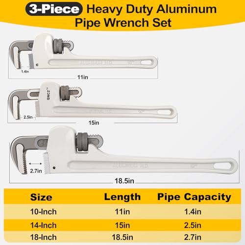 Pipe Wrench Set, Professional Aluminum Pipe Wrench 10,14,18 Inch Heavy Duty Plumbers Wrench for Plumbers, Pipe, Home, Auto Repair