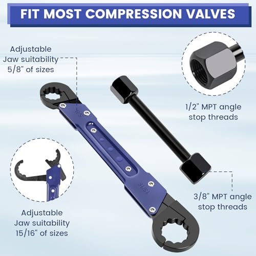 Plumbing Tools, Angle Stop Wrench Angle-On Wrench kit, Professional Plumbers wrench Angle Stop Removal Tool for Installing New Compression Angle Stop and Removing the Compression Ring