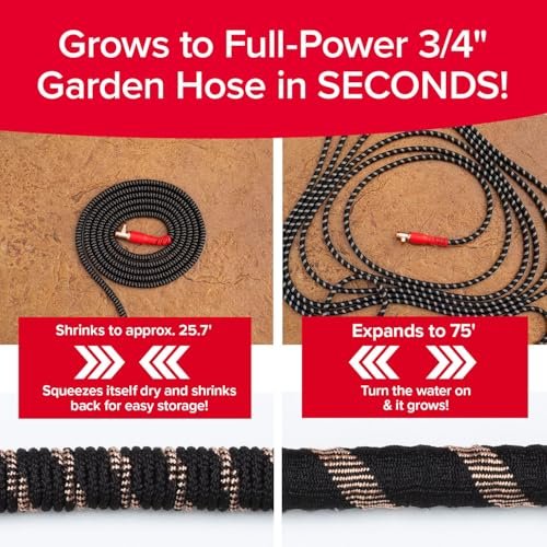 Pocket Hose Copper Head UV w/Pocket Pivot, Expandable Garden Hose 75 FT w/10 Pattern Thumb Sprayer AS-SEEN-ON-TV 650psi 3/4in Ultra-Light Solid Copper Anodized Aluminum Fittings No-Kink No-Lead
