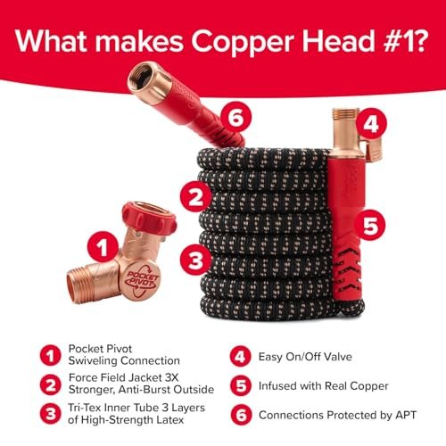 Pocket Hose Copper Head UV w/Pocket Pivot, Expandable Garden Hose 75 FT w/10 Pattern Thumb Sprayer AS-SEEN-ON-TV 650psi 3/4in Ultra-Light Solid Copper Anodized Aluminum Fittings No-Kink No-Lead