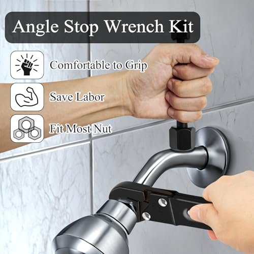 Ponpon Angle Stop Wrench Kit, Plumbing Tools, Angle-on Plumber Wrench for Quick And Hassle-Free Angle Stop And Supply Nut Installations(Black-A)