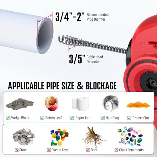 POPULO 20V Cordless Electric Drain Auger-Efficient 25Ft Auto-Feed Drain Snake with Replaceable Cable,2.0Ah Battery,Charger,Storage Bag & Gloves for Kitchen,Bathroom,Shower Pipes (3/4"-2")"