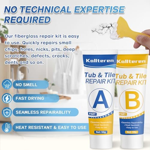 Porcelain Repair Kit, Fiberglass Tub Repair Kit, Bathtub Patch Repair Kit for Any Cracks Chips, Quickly Repair Resin, Ceramic, Marble Shower Sink, Acrylic Quartz Countertop, with Yellow Paint