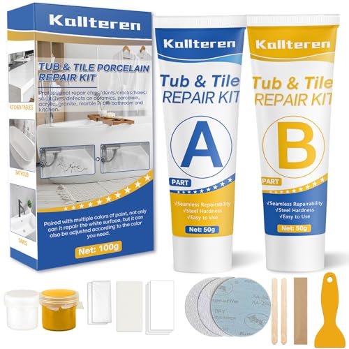 Porcelain Repair Kit, Fiberglass Tub Repair Kit, Tile and Bathtub Repair Kit for Any Cracks Chips, Quickly Repair Resin, Ceramic, Marble Shower Sink, Acrylic Quartz Countertop (White)