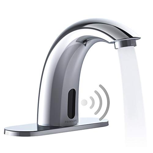 PRIMSOPH Automatic Motion Sensor Hands Free Electronic Infrared Smart Commercial Touchless Bathroom Sink Faucet with Cover Plate Temperature Mixer Battery or Plug-in Powered Chrome