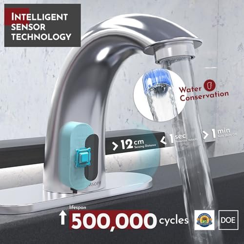 PRIMSOPH Automatic Motion Sensor Hands Free Electronic Infrared Smart Commercial Touchless Bathroom Sink Faucet with Cover Plate Temperature Mixer Battery or Plug-in Powered Chrome