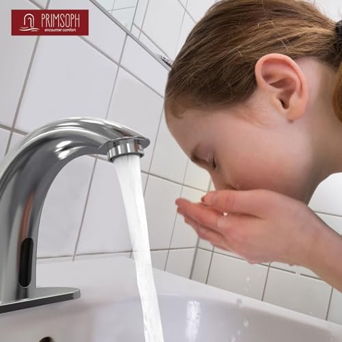 PRIMSOPH Automatic Motion Sensor Hands Free Electronic Infrared Smart Commercial Touchless Bathroom Sink Faucet with Cover Plate Temperature Mixer Battery or Plug-in Powered Chrome