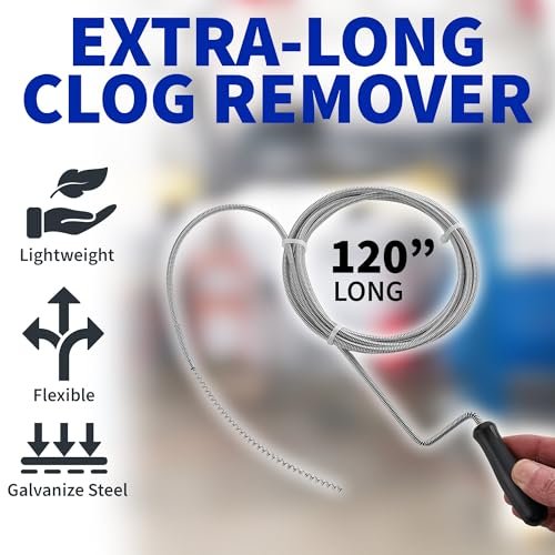 Professional Slow Drain Cleaner and Clog Remover - 10-Foot Metal Snake for Hair, Food, Debris, and Garbage Removal from Pipes, Plumber Tools