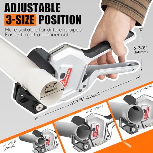 PVC Pipe Cutter, 3-Gear Adjustable Cut up to 2-1/2”, Ratchet Pipe Cutter Tool Heavy-Duty for PVC, PPR, PE, PEX, Plastic Hoses & Plumbing Pipes with Teflon Coated SK5 Blade