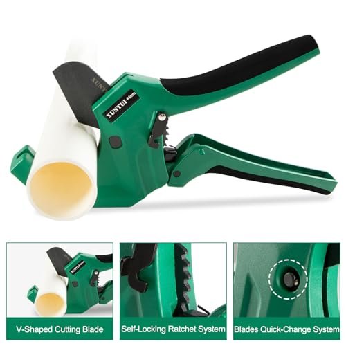 PVC Pipe Cutter for Sch 40 PVC Pipe with extra blade，Ratchet Pipe Cutter Pex Cutting Tool for Cutting PEX, PVC, PPR Plastic Hoses and Plumbing Pipe (Dark Green, OD21/2inch64mm)