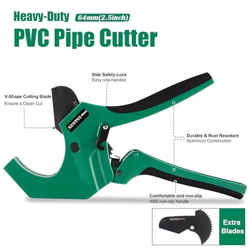 PVC Pipe Cutter for Sch 40 PVC Pipe with extra blade，Ratchet Pipe Cutter Pex Cutting Tool for Cutting PEX, PVC, PPR Plastic Hoses and Plumbing Pipe (Dark Green, OD21/2inch64mm)