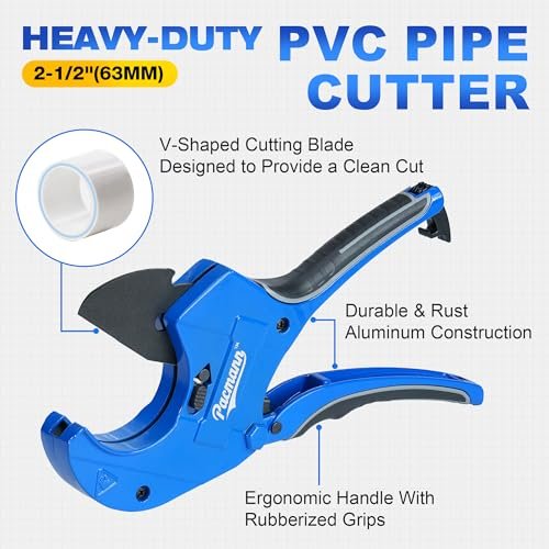 PVC Pipe Cutter, Up to 2-1/2", Ratchet Pipe Cutter Heavy-Duty, Pex Cutting Tool for Cutting PEX, PVC, PPR Plastic Hoses and Plumbing Pipe with Deburring Tool