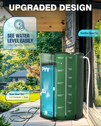 PYY Rain Water Collection Barrel - 100 Gallon Green Water Storage Tank with Spigots, Hose and Portable Bucket, Large Plastic Collapsible Rain Catcher Catchment System to Collect Rainwater from Gutter