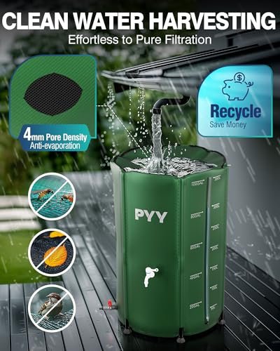 PYY Rain Water Collection Barrel - 100 Gallon Green Water Storage Tank with Spigots, Hose and Portable Bucket, Large Plastic Collapsible Rain Catcher Catchment System to Collect Rainwater from Gutter