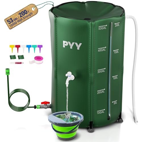 PYY Rain Water Collection Barrel - 53 Gallon Green Water Storage Tank with Spigots, Hose and Portable Bucket, Large Plastic Collapsible Rain Catcher Catchment System to Collect Rainwater from Gutter