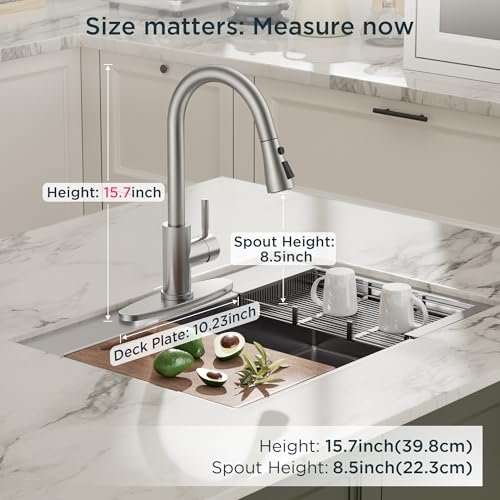 QFN Kitchen Faucet with Pull Down Sprayer Brushed Nickel, High Arc Single Handle Single Level Stainless Steel Pull Out Sink Faucet for Farmouse Camper RV Bar, Fit for 1 or 3 Hole