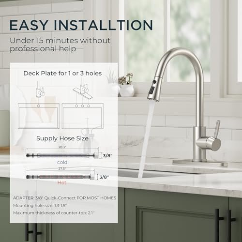 QFN Kitchen Faucet with Pull Down Sprayer Brushed Nickel, High Arc Single Handle Single Level Stainless Steel Pull Out Sink Faucet for Farmouse Camper RV Bar, Fit for 1 or 3 Hole