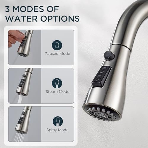 QFN Kitchen Faucet with Pull Down Sprayer Brushed Nickel, High Arc Single Handle Single Level Stainless Steel Pull Out Sink Faucet for Farmouse Camper RV Bar, Fit for 1 or 3 Hole
