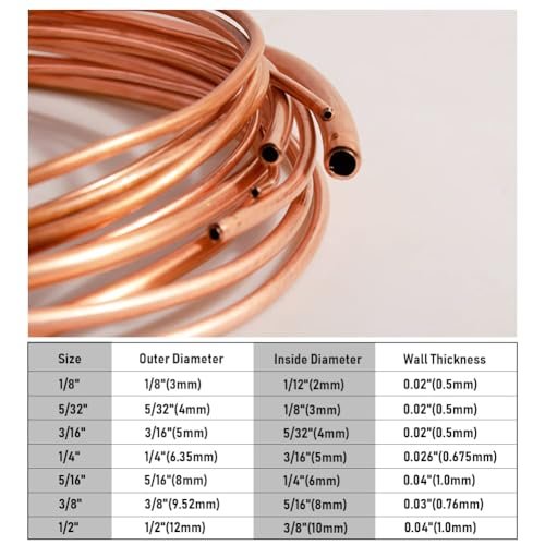 Quickun Copper Tube 1/4" ID × 5/16" OD (6-8mm) Seamless Round Pipe Tubing (3.28FT)