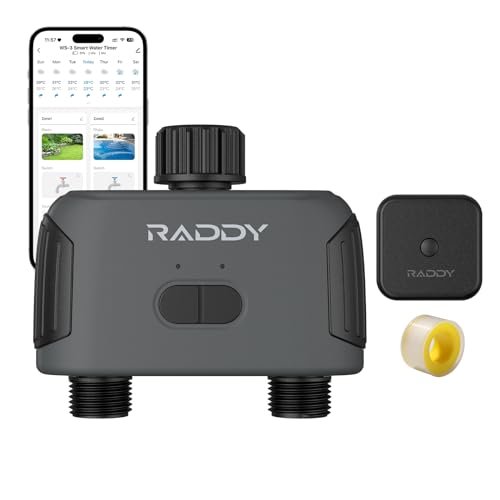 Raddy WS-3 WiFi Water Timer,2 Zones Sprinkler Timer for Garden Hose, Automatic Irrigation System with WiFi Hub, APP Control, Work with AWiFi Hub, Rain Delay for Lawns and Yard,2 Outlets